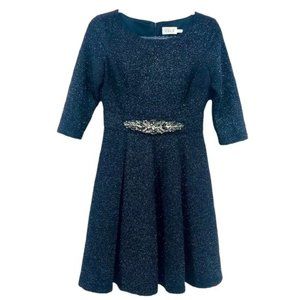 Eliza J Dress Womens 4 Black Belted Glitter Shimmer Midi Semi Formal Princess